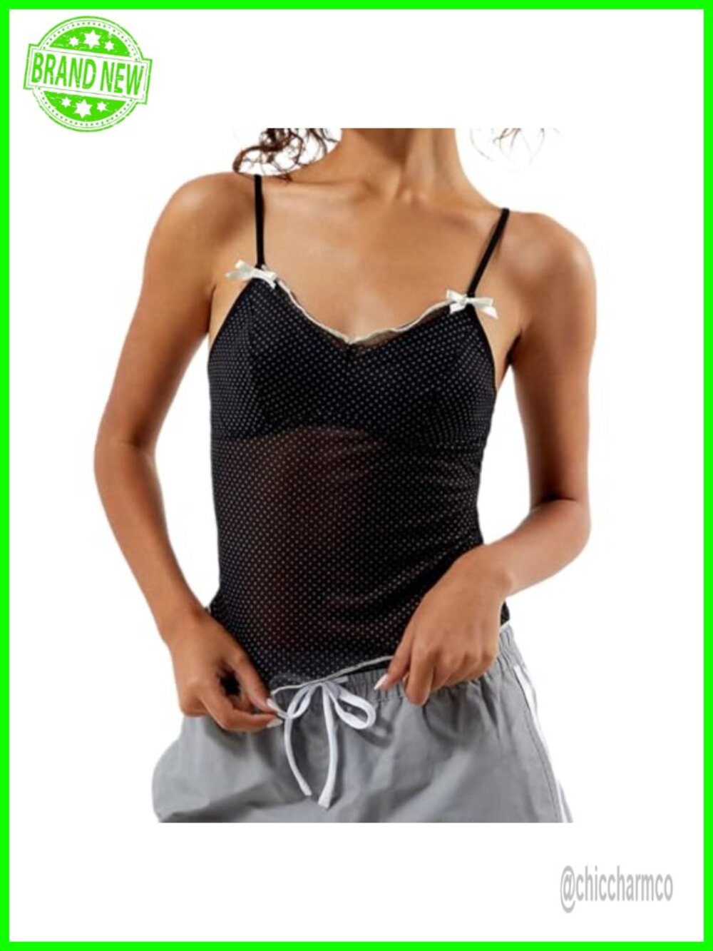 Women Y2K Cami Tank Top Polka Dot Sleeveless V Neck Spaghetti Strap Lace Trim